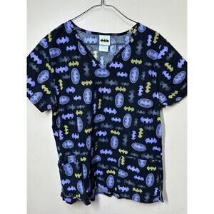 Batman Scrub Top Women’s M Black Purple Yellow Logo DC Comics Nurse Shirt